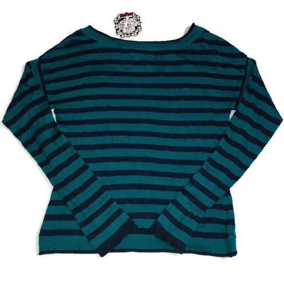 JJ Basics Womens Long Sleeve Knit Shirt Blue and Green Stripes Juniors Size Med - Picture 1 of 4